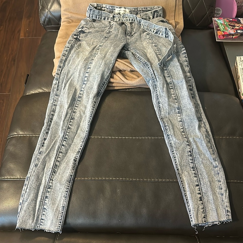 Straight Leg Acid Washed Jeans with Matching Rhinestone Buckle Belt